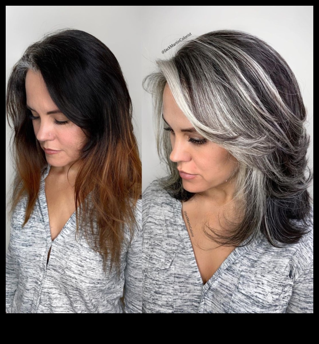 Graciozi apskaujiet savus sudrabotos matus, pārejot uz pelēkiem 1 Pāreja uz pelēku: gracioza un eleganta sudraba matu krāsa